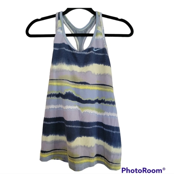Nike Dri Fit Built- in Sports Bra Tank Racerback Blue Yellow Gray Size L - Picture 1 of 5